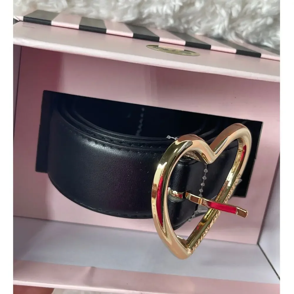 Juicy Couture Black Belt Heart shaped Buckle Gold Tone Adjustable Size M/L NEW
